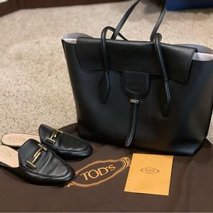 Tod's Anx Shopping Due Mancini Media Bag Black with Pink Interior